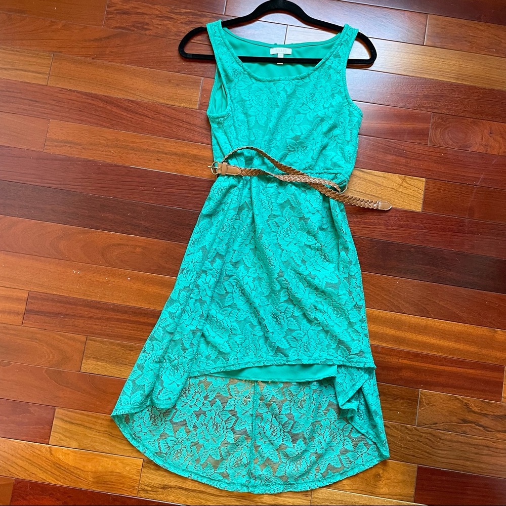 Delias Green Belted High Low Floral Lace Dress